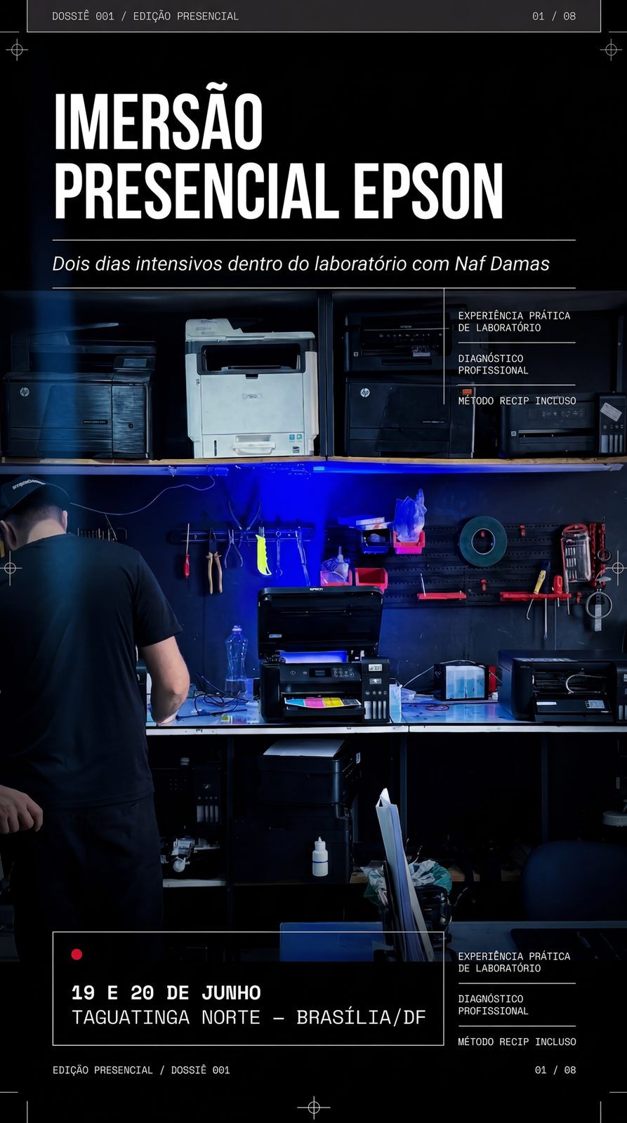 Laboratório técnico Imprimanet em Brasília — bancada com impressoras Epson, painel de ferramentas e iluminação azul cobalto